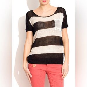 NWT Runway Paris Black and Cream Striped Knit Top, Size L